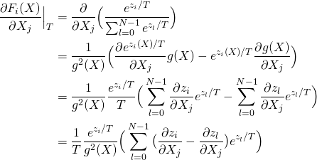 \begin{equation*}\nonumber \begin{aligned} {\partial F_i(X) \over \partial X_j}\Big|_T &= {\partial \over \partial X_j} \Big({e^{z_i/T} \over \sum_{l=0}^{N-1} e^{z_l/T}} \Big) \\ &= {1 \over g^2(X)} \Big({\partial e^{z_i(X)/T} \over \partial X_j}g(X)-e^{z_i(X)/T}{\partial g(X) \over \partial X_j} \Big) \\ &={1 \over g^2(X)}{e^{z_i/T} \over T}\Big(\sum_{l=0}^{N-1}{\partial z_i \over \partial X_j}e^{z_l/T}-\sum_{l=0}^{N-1}{\partial z_l \over \partial X_j}e^{z_l/T}\Big) \\ &={1 \over T}{e^{z_i/T} \over g^2(X)} \Big(\sum_{l=0}^{N-1}\big({\partial z_i \over \partial X_j}-{\partial z_l \over \partial X_j}\big) e^{z_l/T} \Big) \end{aligned} \end{equation*}